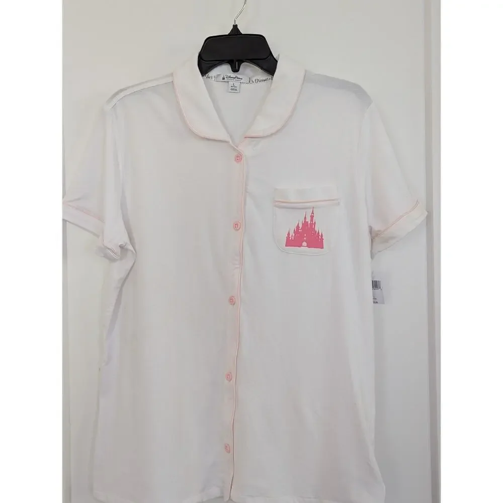 Disney Parks Women's Large White PJ Pajama Top Pink Castle Button Up - Picture 2 of 16